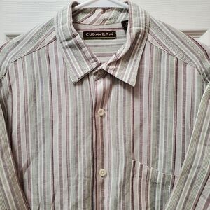 Cubavera Linen Striped Shirt Men XL Green Brown Tan Vertical Cuffed Short Sleeve